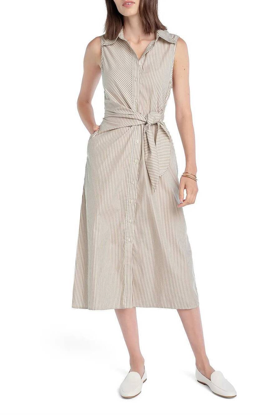 NEW FAVORITE DAUGHTER good behavior striped midi dress in soft taupe stripe